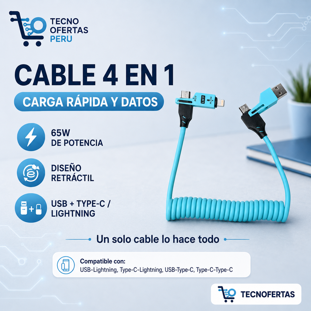 Cable Retráctil 4 en 1 de Carga Rápida 65W USB / Type-C / Lightning