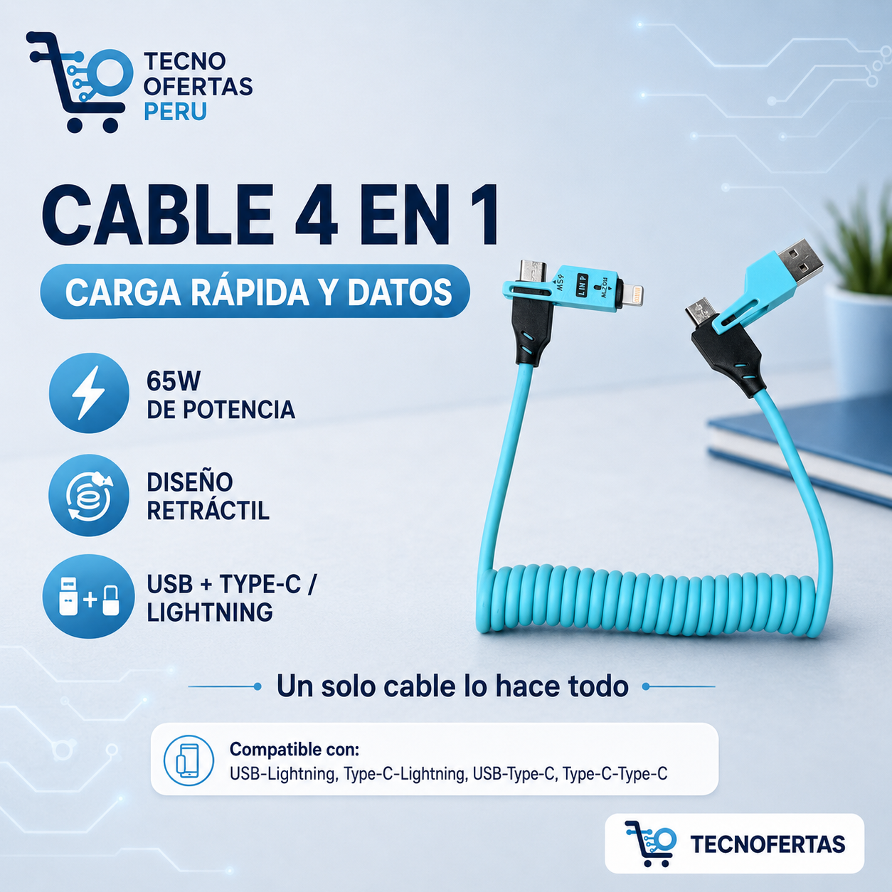 Cable Retráctil 4 en 1 de Carga Rápida 65W USB / Type-C / Lightning