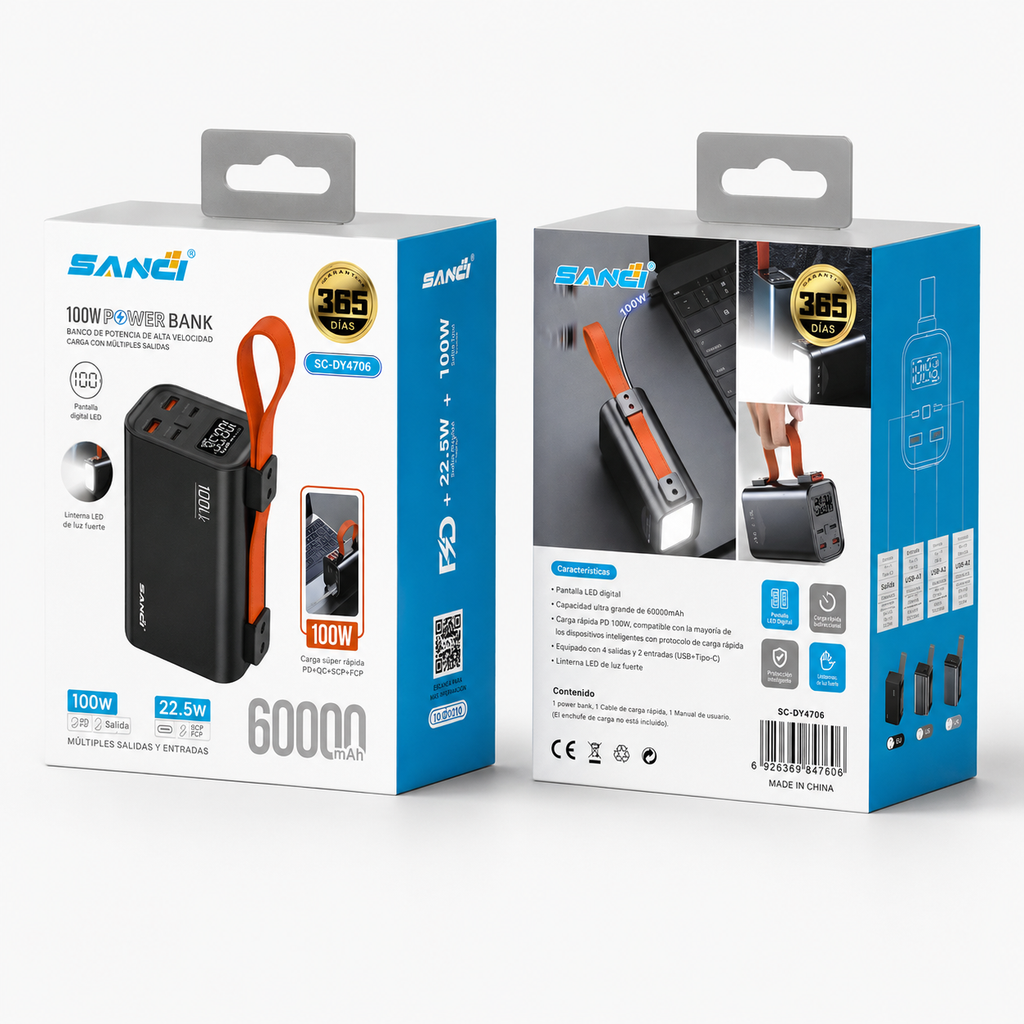 Power Bank SANCI 60,000 mAh ⚡ Cargador portátil 100W con linterna LED