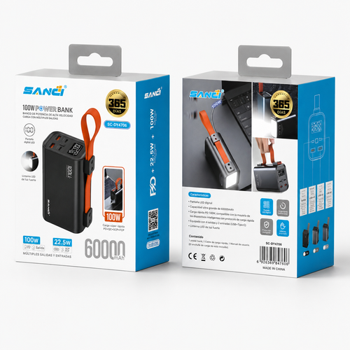 Power Bank SANCI 60,000 mAh ⚡ Cargador portátil 100W con linterna LED